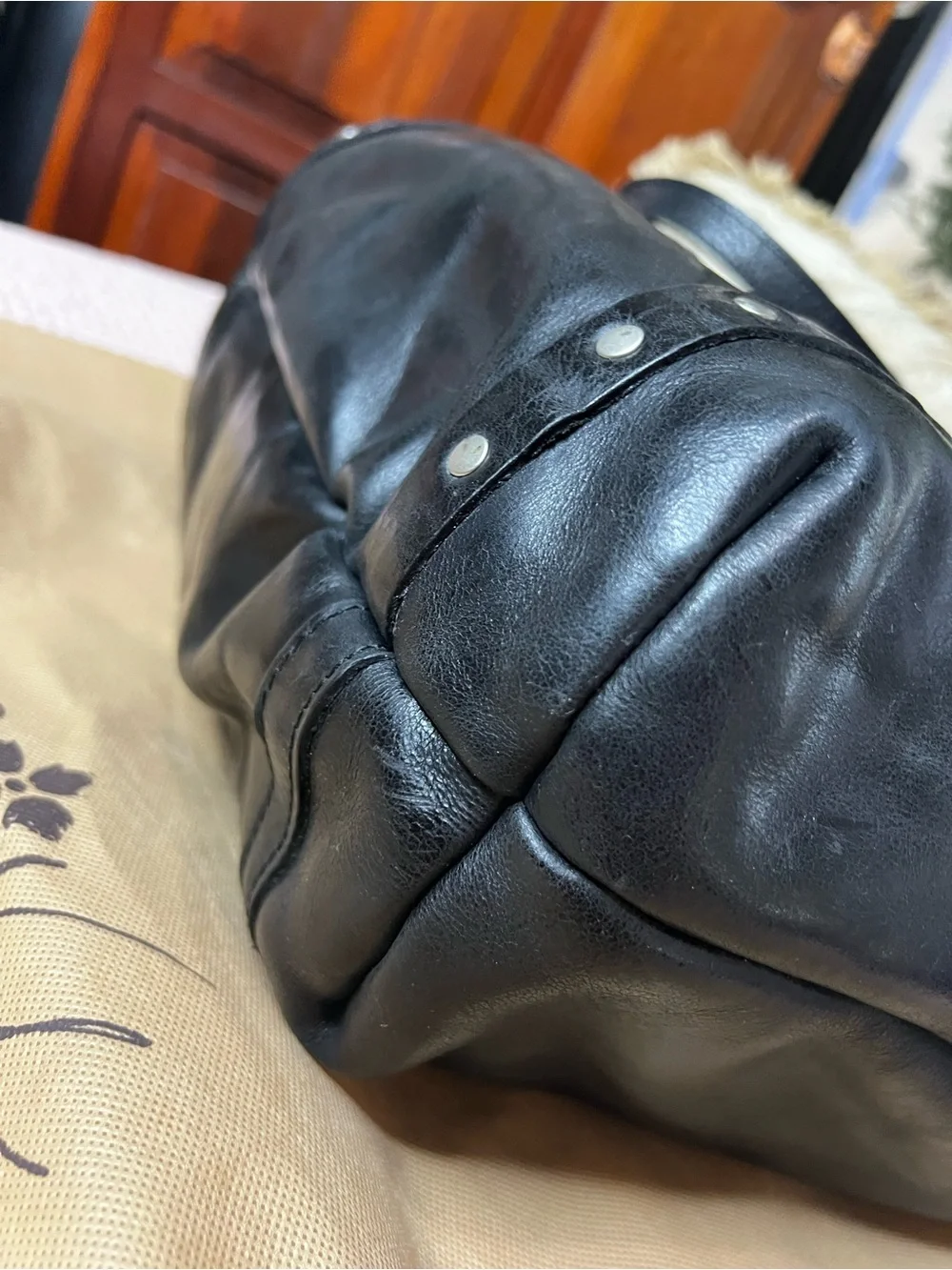 Patricia Nash Benvenuto Black Distressed Leather Studded Tote Bag